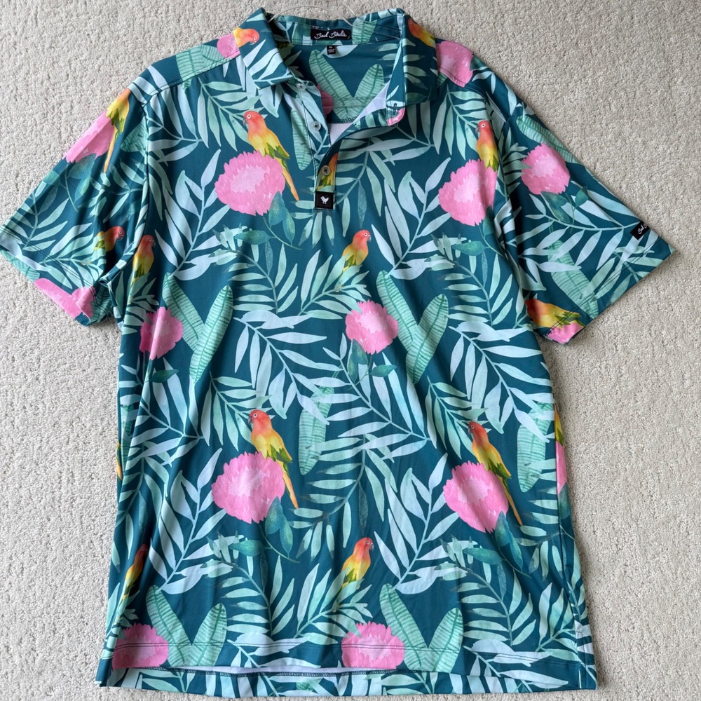 Bad Birdie Mens XL "Flock Boys" Golf Polo‎ Shirt Tropical Floral Parrot  Print
